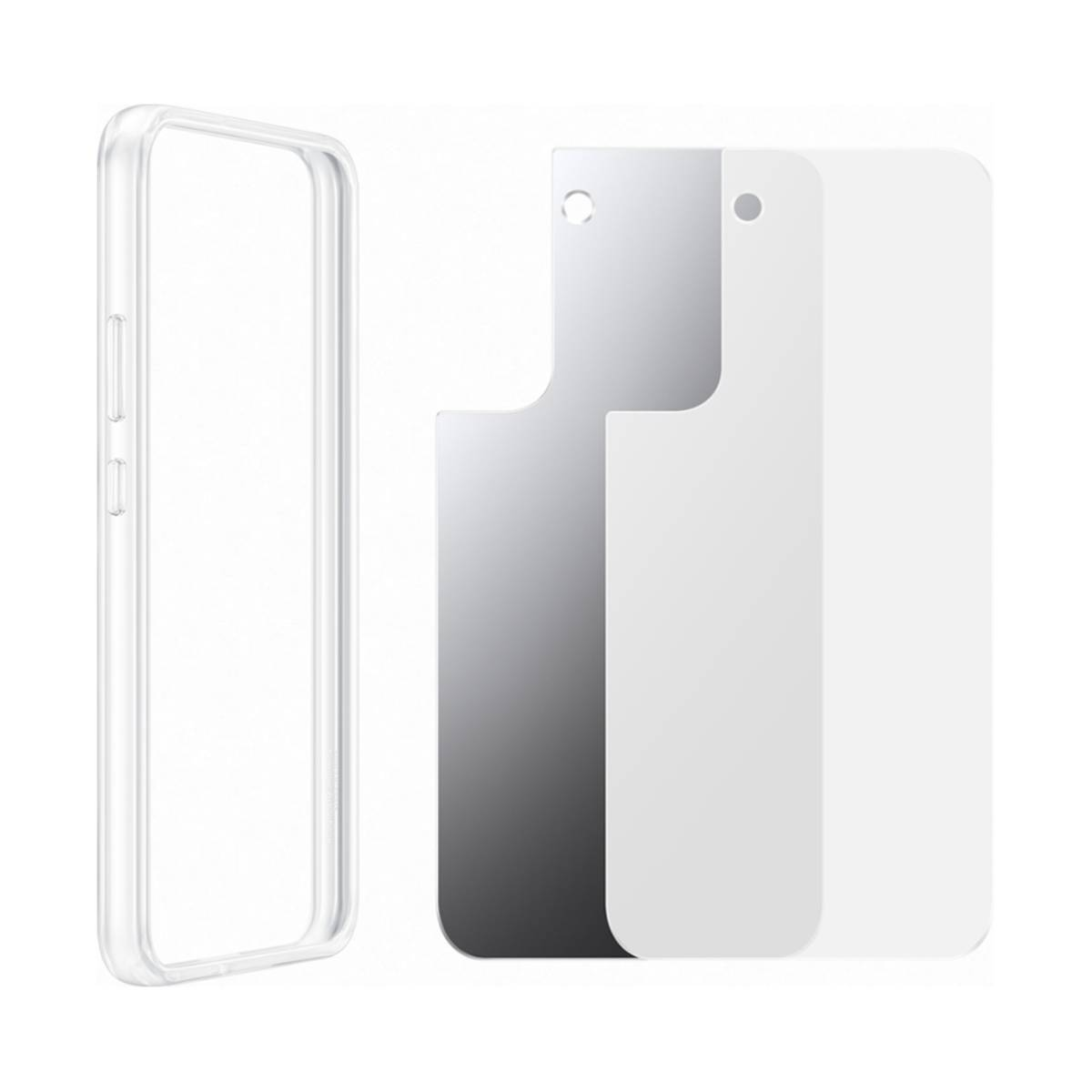 Transparente Handyhülle und drei Displayschutzfolien. Die Hülle ist links. Displayschutzfolien rechts.
