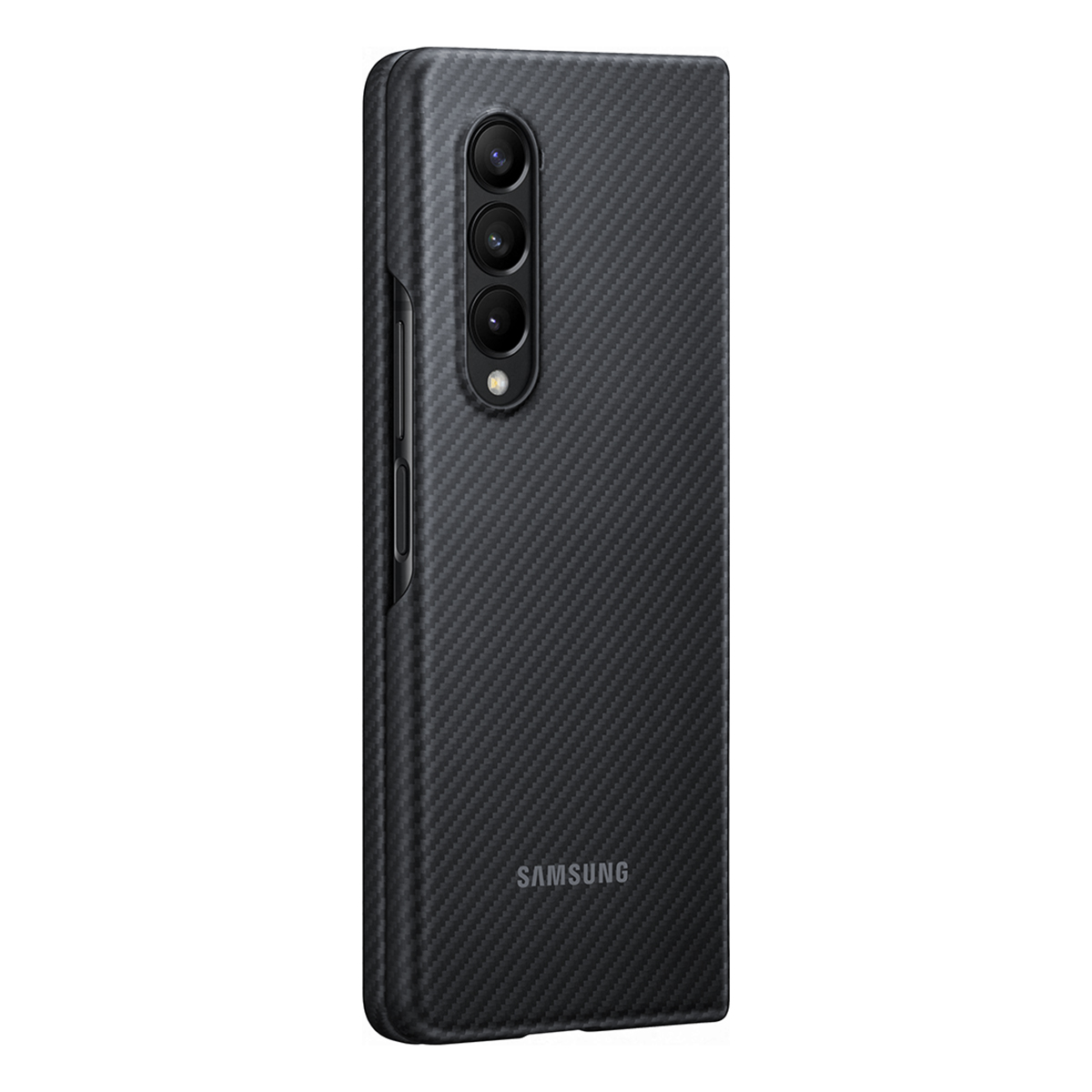 Una custodia per telefono nera chiusa con motivo strutturato e logo Samsung.
