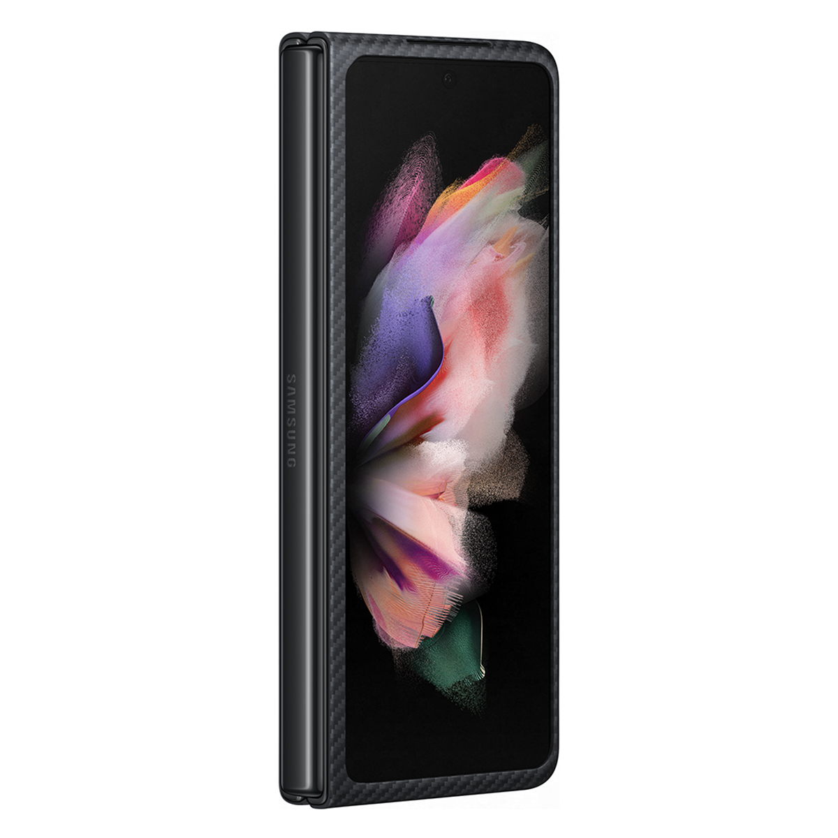 Una custodia per telefono nera, aperta, che mostra un telefono con un design colorato sullo schermo.