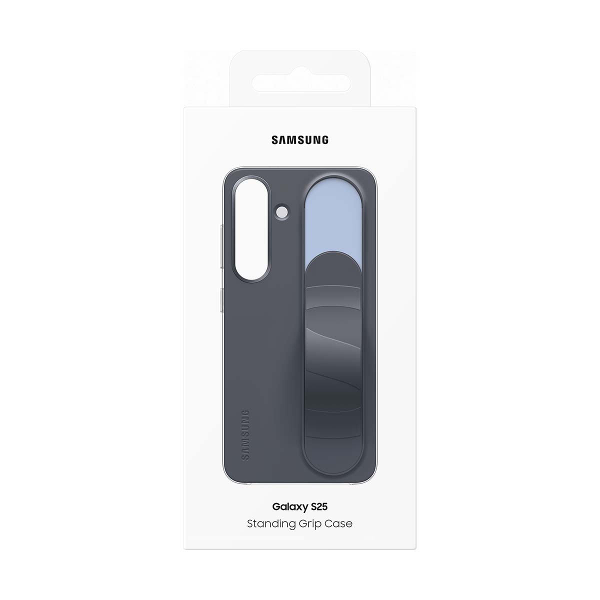 Una custodia per telefono in una scatola. La scatola è bianca con il logo Samsung. La custodia è grigio scuro con un'impugnatura.