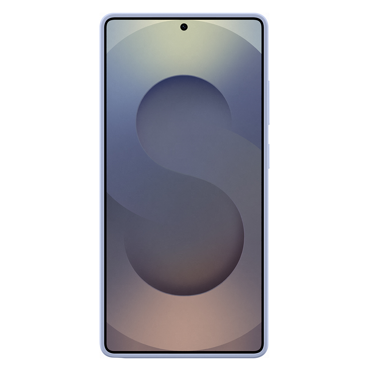 Un smartphone avec un cadre violet clair, un grand design en S et une caméra sur l'écran.
