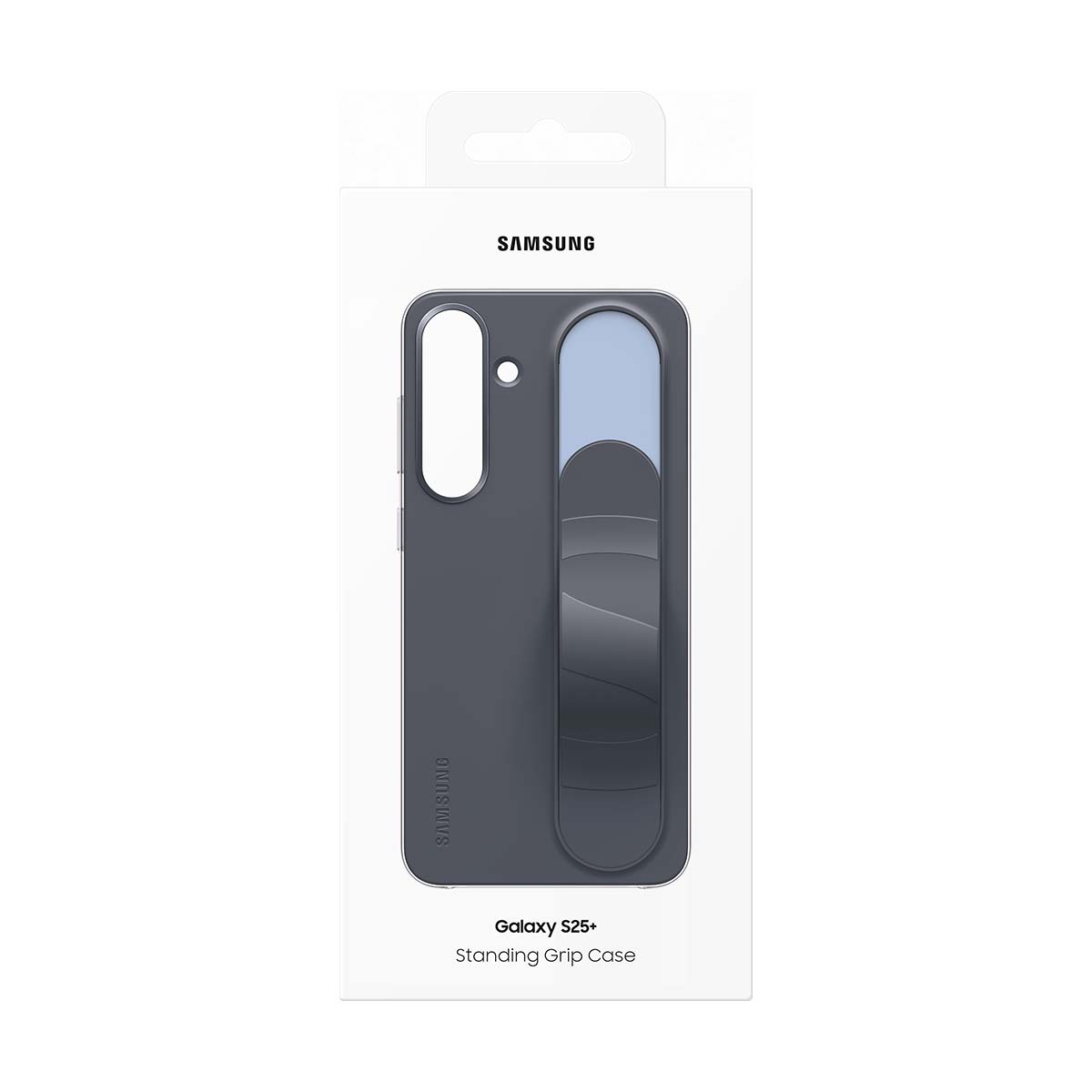 Ciemnoszare etui w białym pudełku. Na pudełku logo Samsung. Etui ma uchwyt i jest do Galaxy S25+.