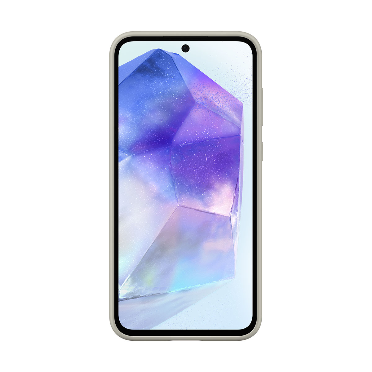 Ein Telefon mit einem klaren Bildschirm, der eine facettenreiche, lila und blaue Form zeigt. Das Telefon befindet sich in einer hellfarbigen Hülle.