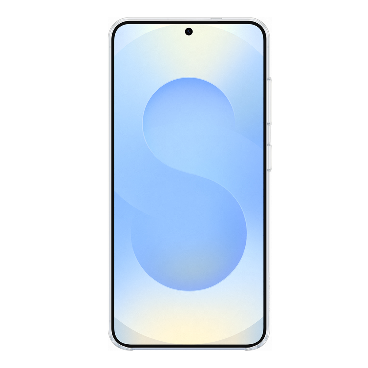 Uno smartphone con cornice trasparente e un design a S blu e giallo sullo schermo.