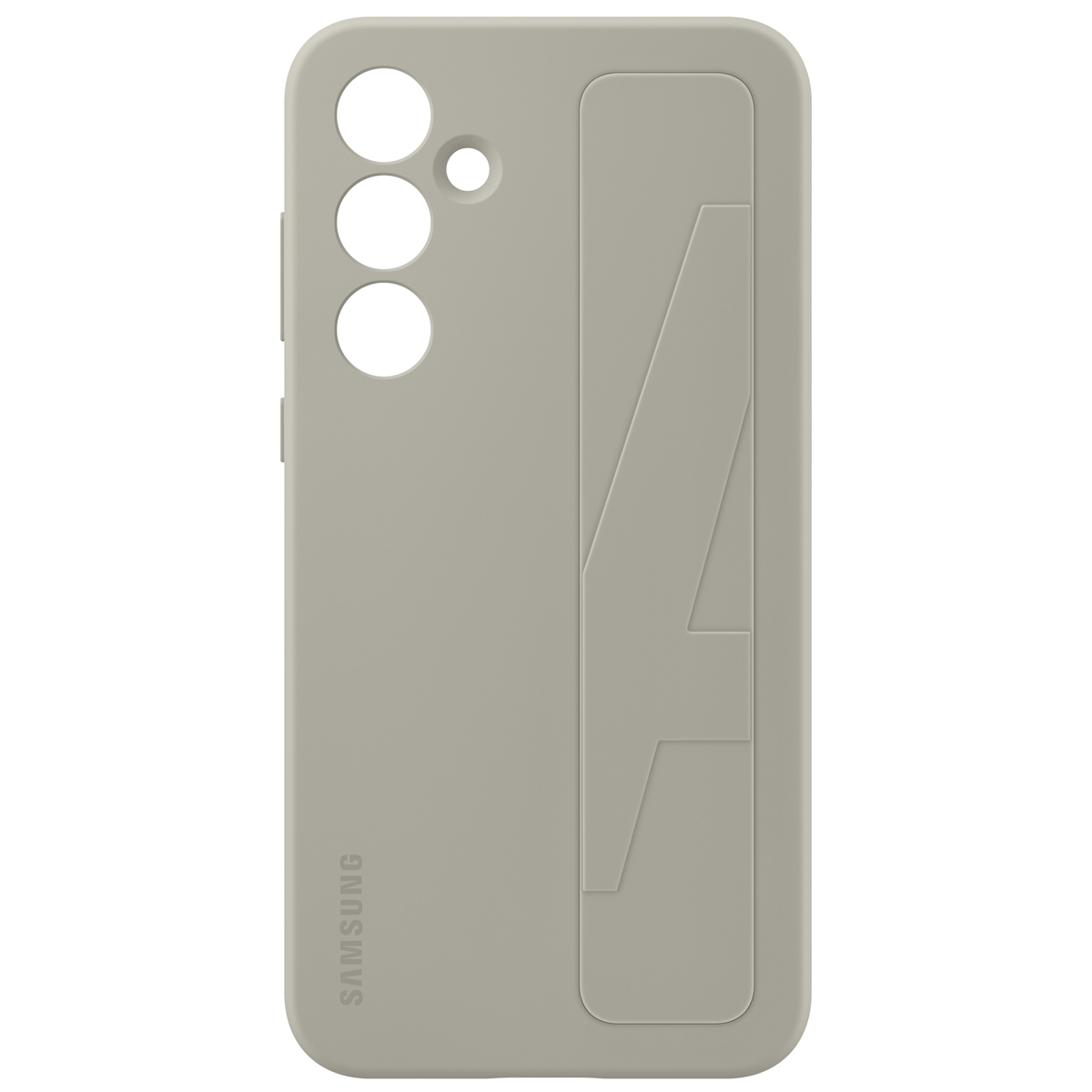 Eine hellgraue Handyhülle. Es hat Löcher für die Kamera, den Blitz und einen Ausschnitt für einen Ständer. Das Samsung-Logo ist sichtbar.
