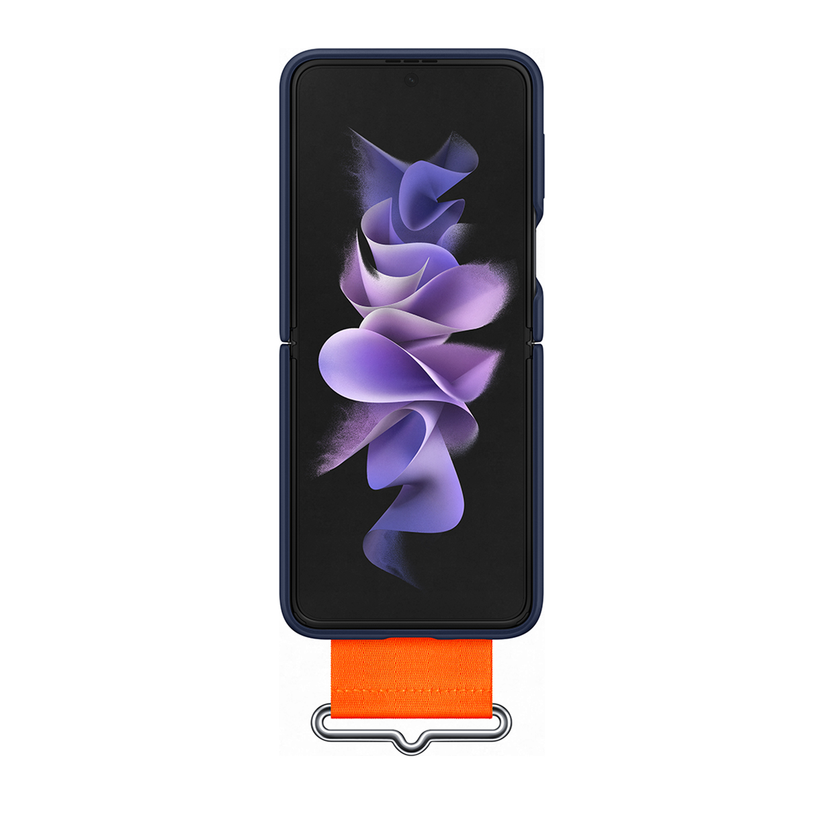 Ein Telefon ist teilweise geöffnet und hat einen Riemen. Der Bildschirm zeigt ein lila Design. Die Hülle ist blau mit einem orangefarbenen Riemen.