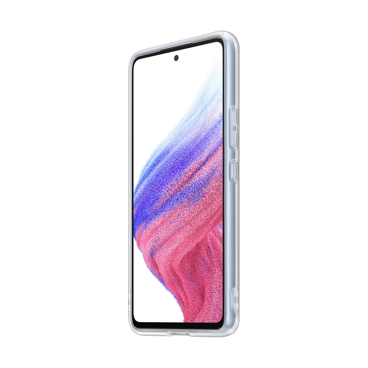 A smartphone with a clear case, and a pink and blue abstract design on the screen.