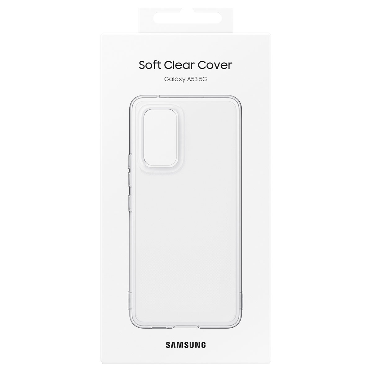 A clear phone case in a white box. The box has the Samsung logo and says Soft Clear Cover for Galaxy A53 5G.