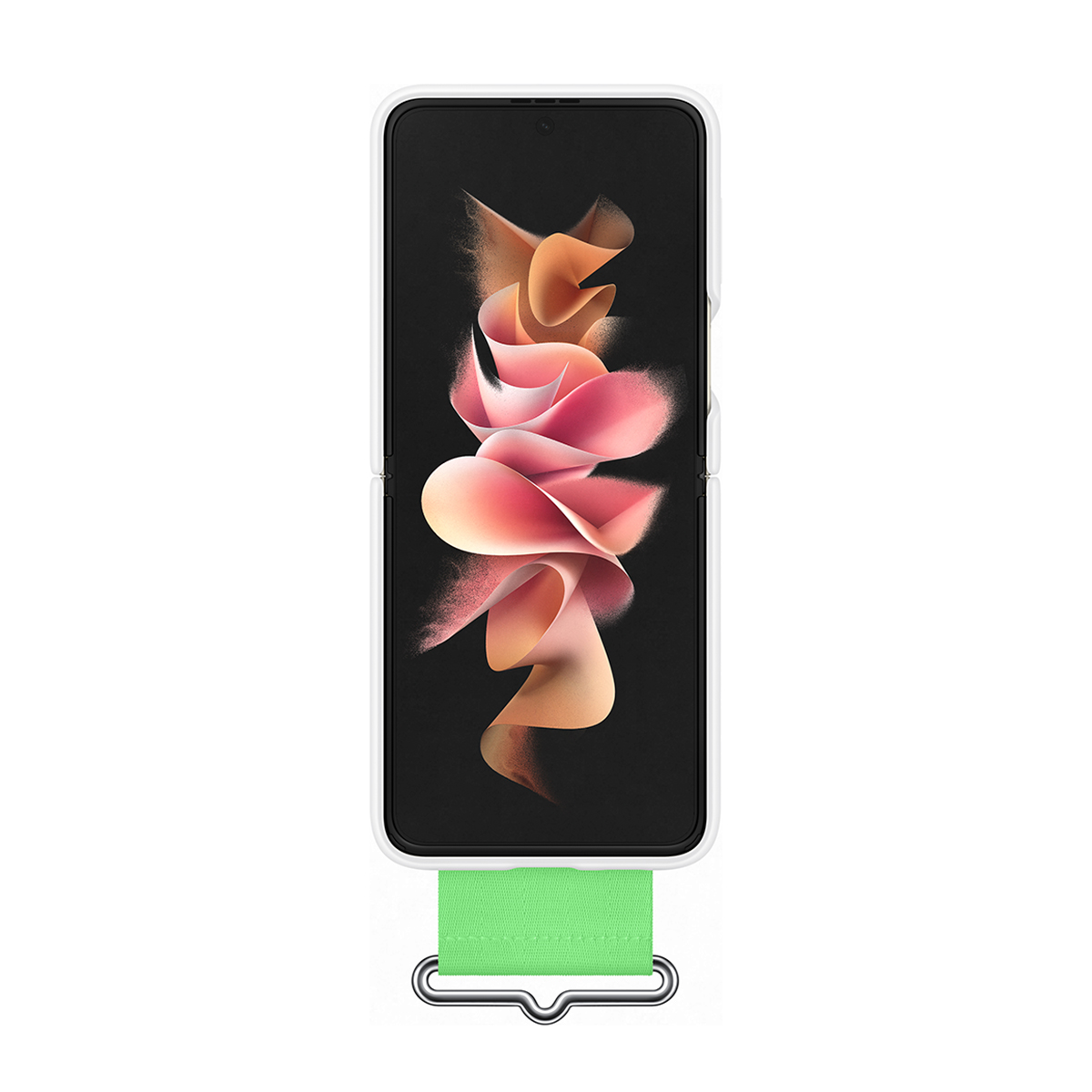 Telefon z etui i przymocowanym zielonym paskiem. Ekran pokazuje różowo-pomarańczowy wzór.