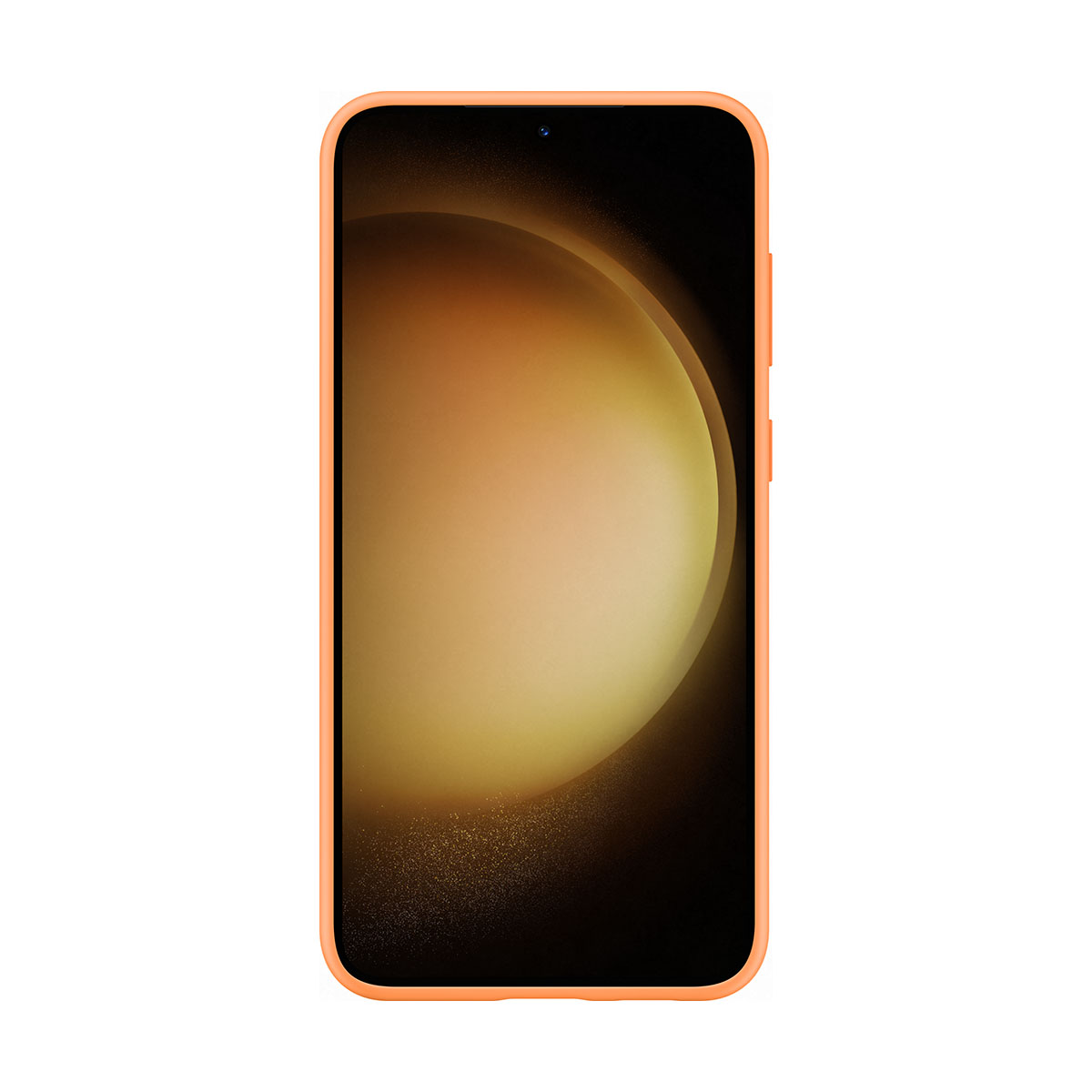 Ein Smartphone mit orangefarbenem Rahmen und hellgelb-orangem Design auf dem Bildschirm.
