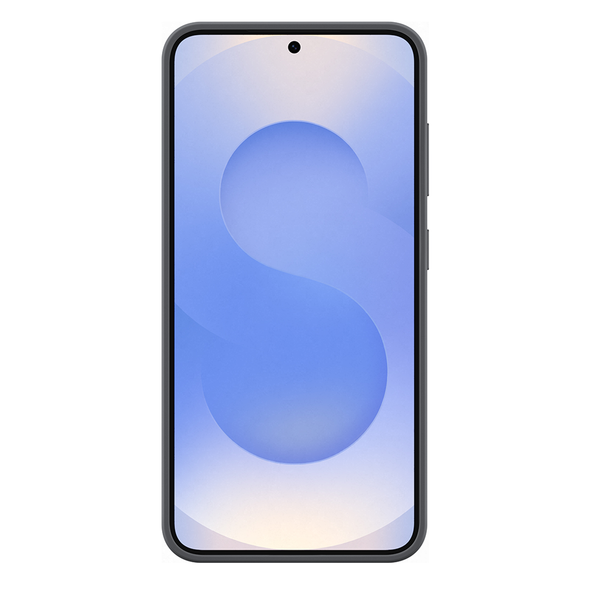 Un telefono che mostra un cerchio blu chiaro sullo schermo. Il telefono è in una custodia grigia. Lo schermo ha la lettera S.