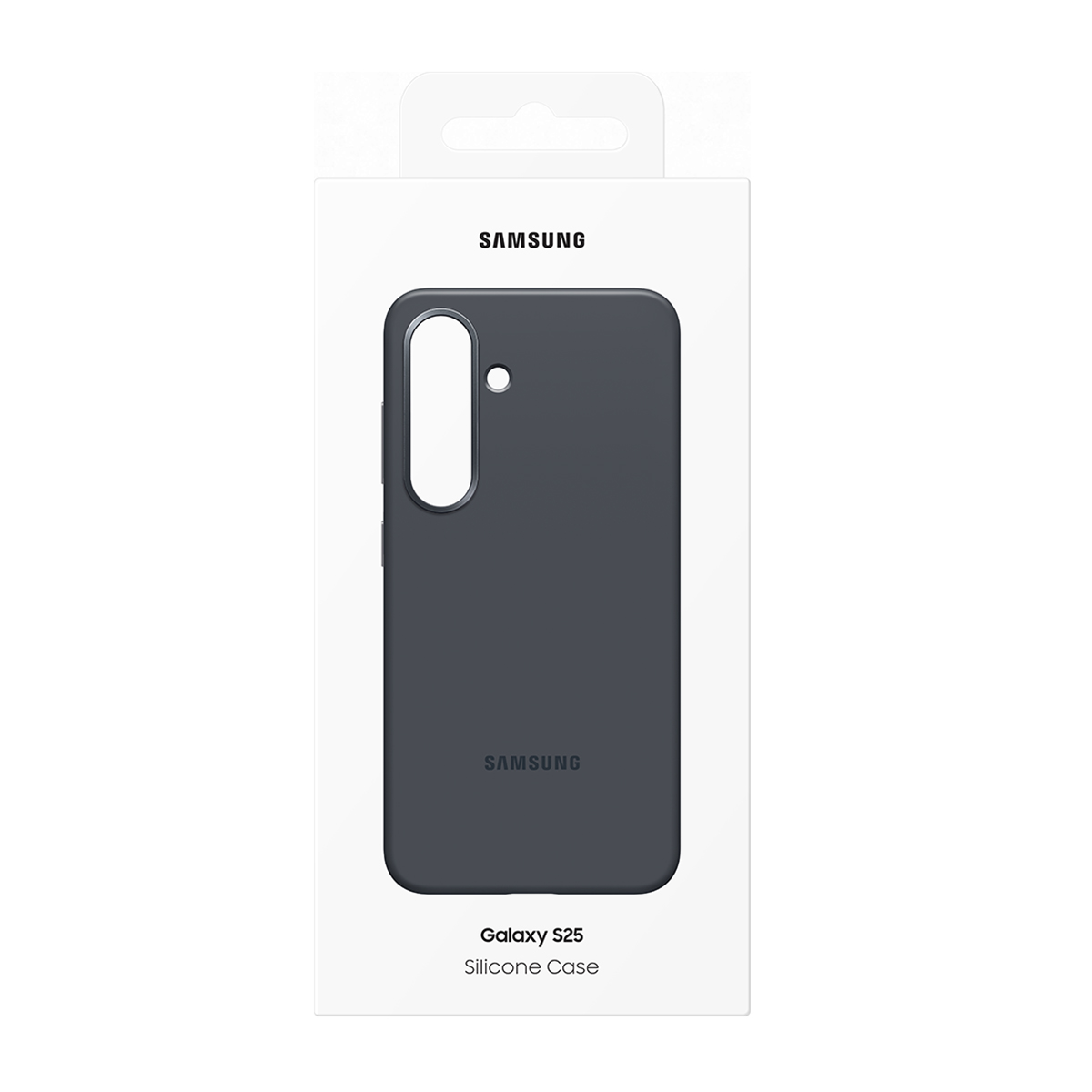 Confezione per una custodia in silicone Galaxy S25. La custodia è grigio scuro, la scatola bianca.