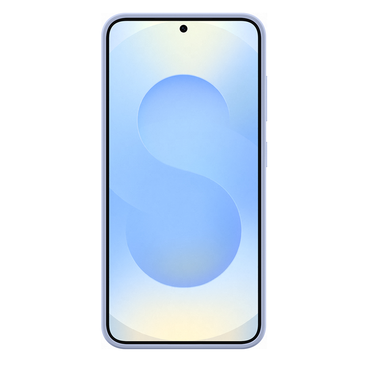 Smartfon z jasnoniebieską obudową i niebiesko-żółtym gradientem ekranu, z wzorem 'S'.