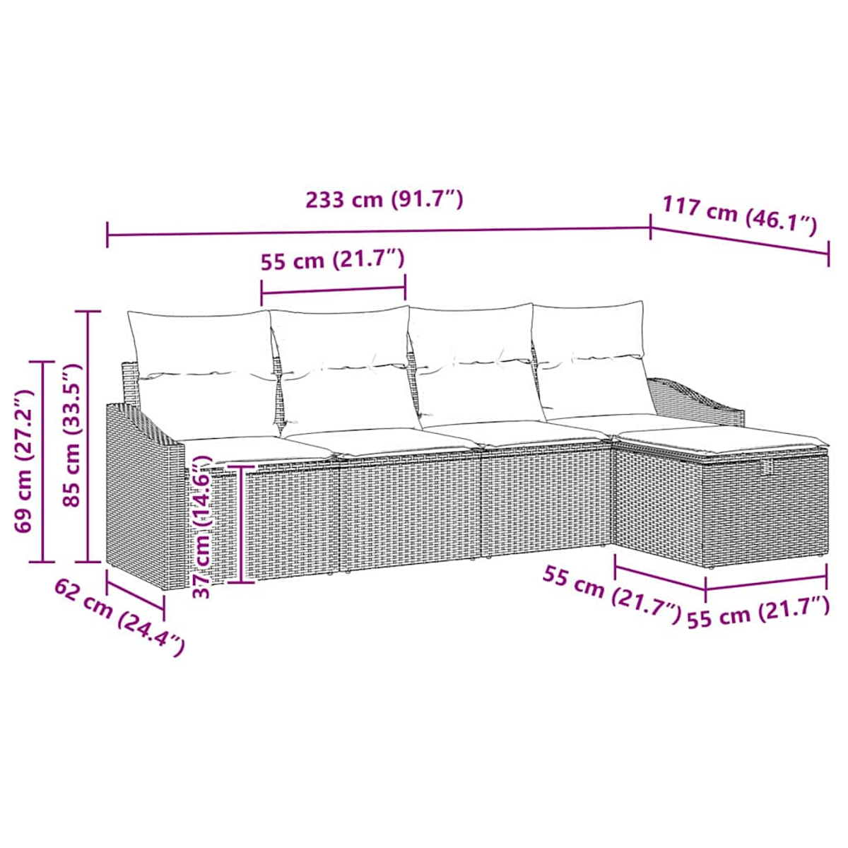 Geflochtenes Sofa mit Chaiselongue und Couchtisch, mit Maßangaben.