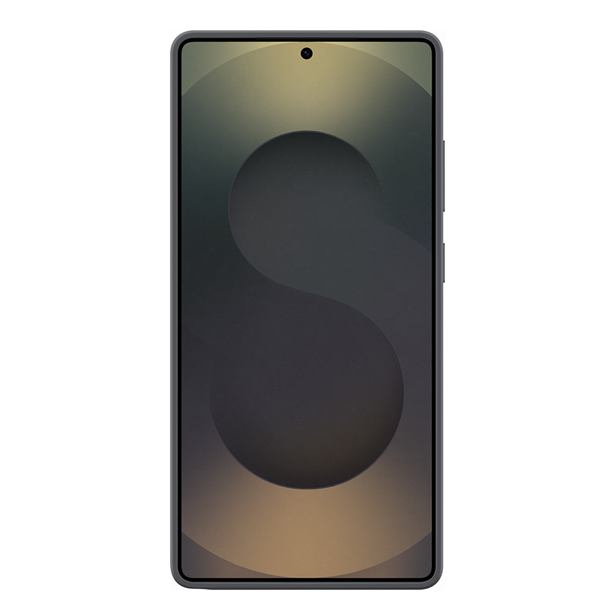 Smartphone met donkergrijze behuizing en een scherm met een donkergrijs 'S' design.