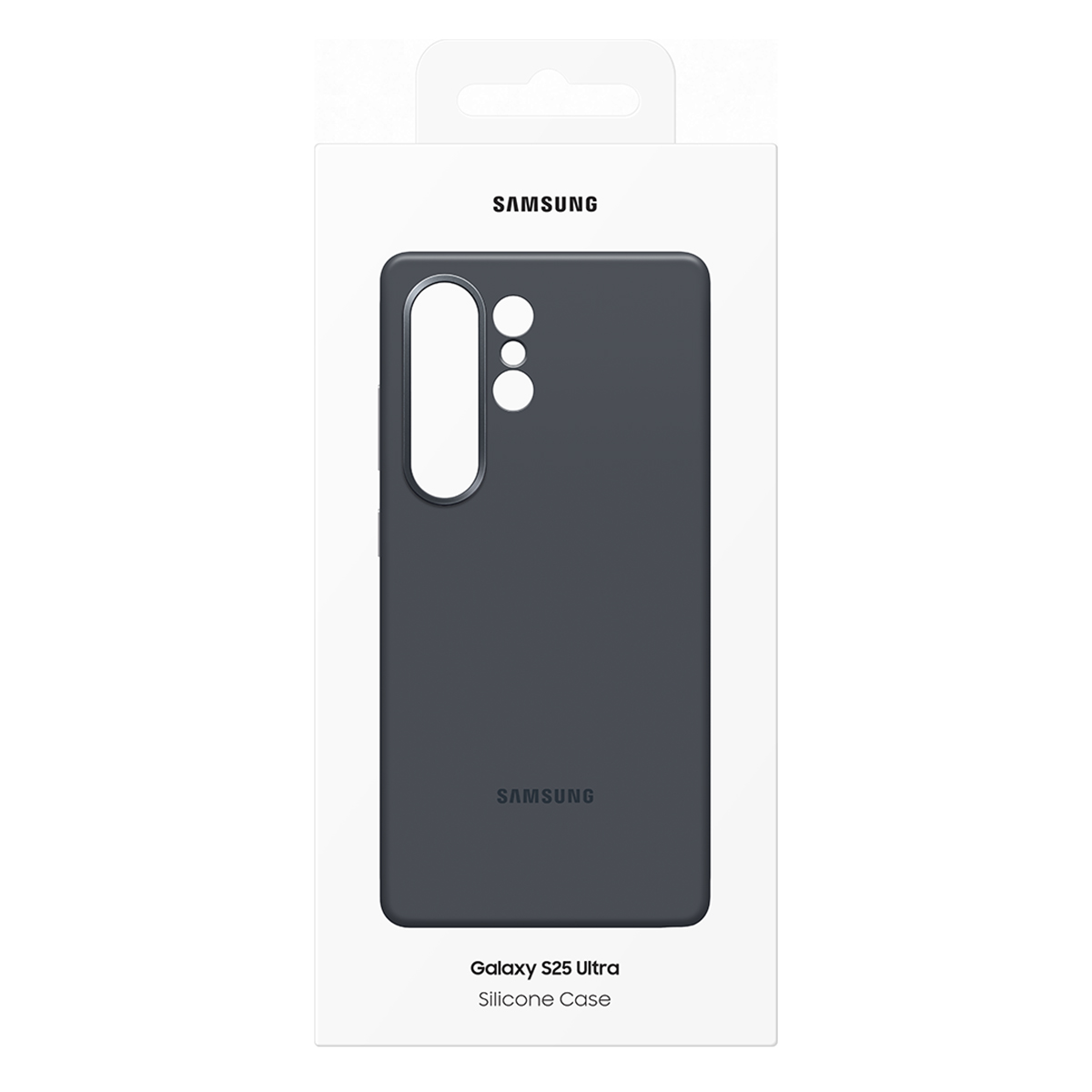 Samsung Galaxy S25 Ultra siliconen hoes in doos. Donkergrijze hoes met Samsung logo.