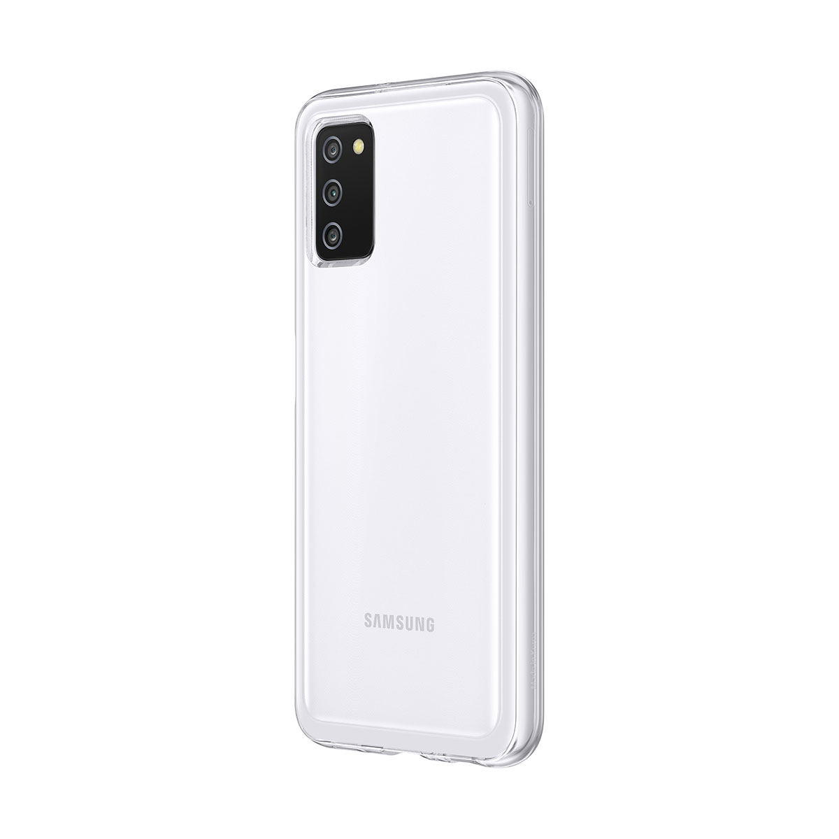 Transparente Handyhülle mit drei Kameralinsen. Samsung-Logo auf der Hülle sichtbar.