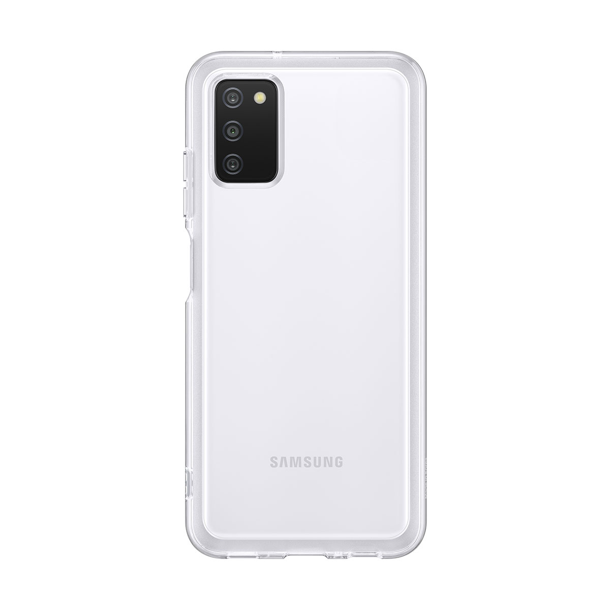 Transparente Handyhülle mit drei Kameralinsen. Samsung-Logo auf der Hülle.