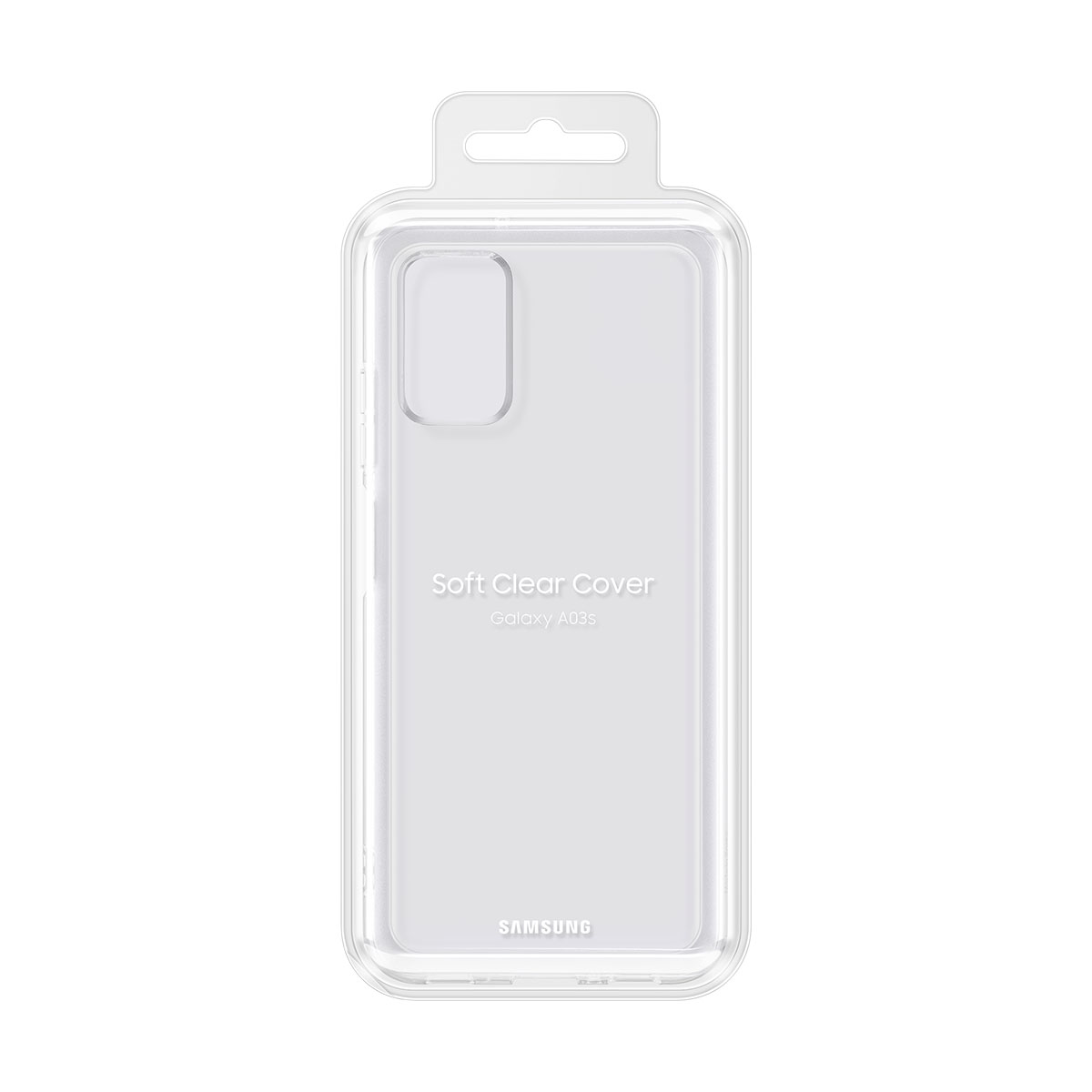 Eine transparente, rechteckige Handyhülle mit dem Aufdruck 'Soft Clear Cover Galaxy A03s'.