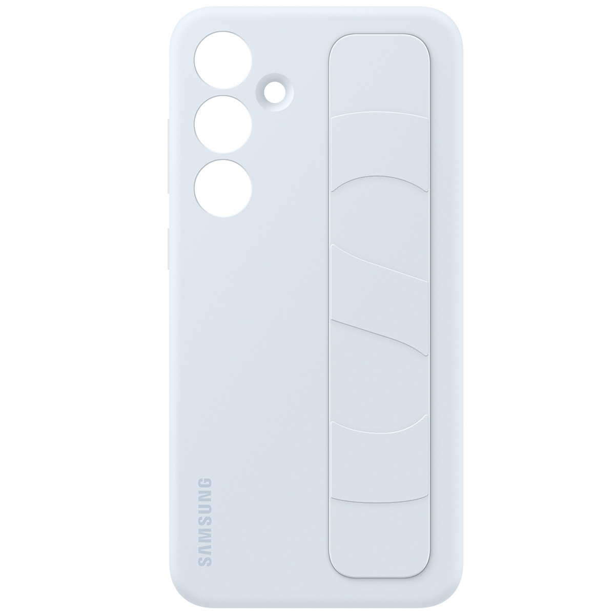Jasnoniebieskie etui na telefon z logo Samsung i wzorem z trzema okręgami z tyłu.