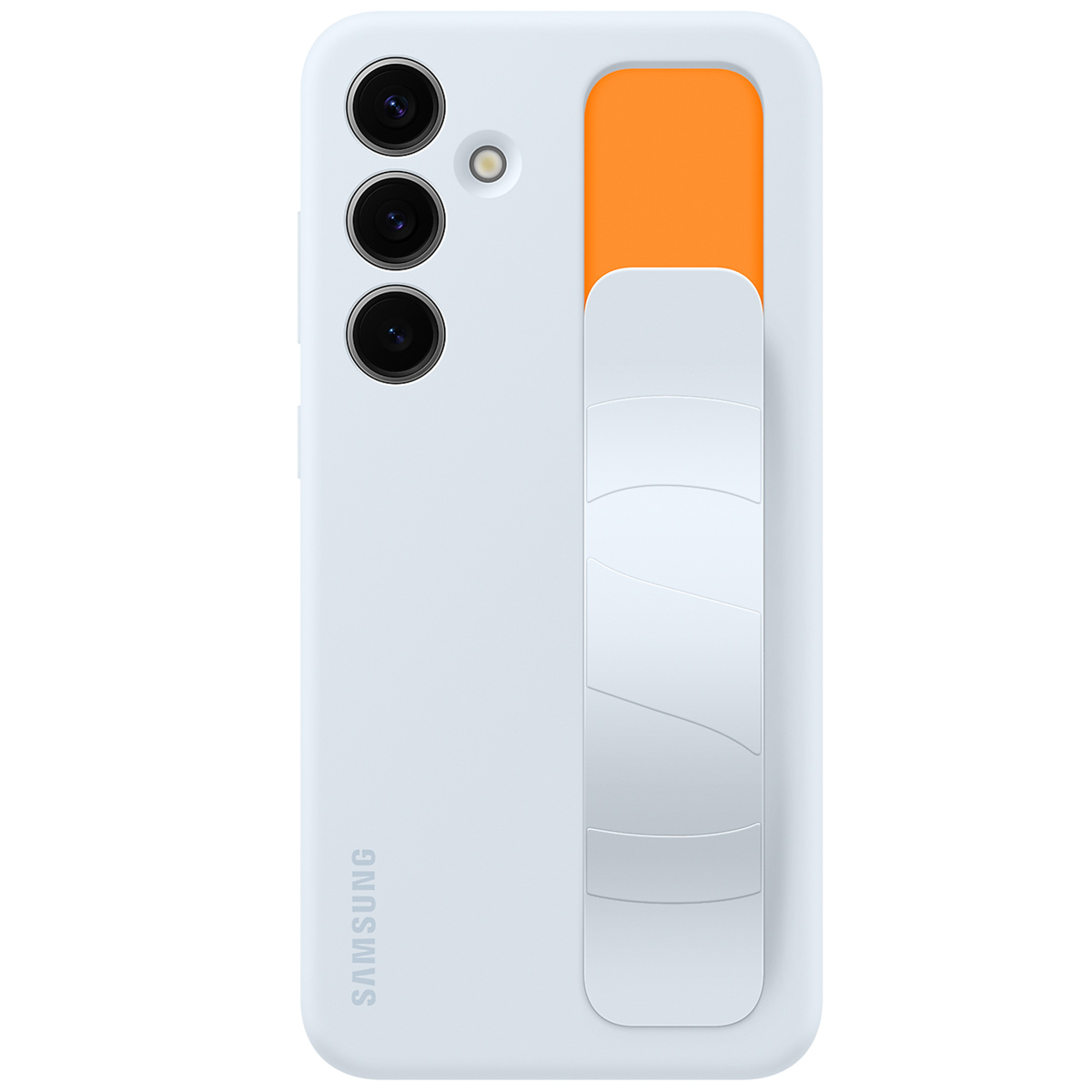 Białe etui na telefon z pomarańczowym uchwytem i trzema obiektywami. Logo Samsung.