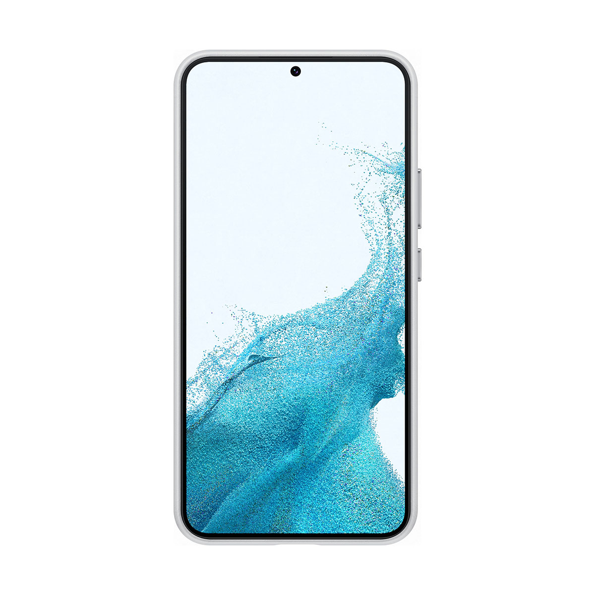 Smartphone con marco blanco y pantalla que muestra arte abstracto azul.