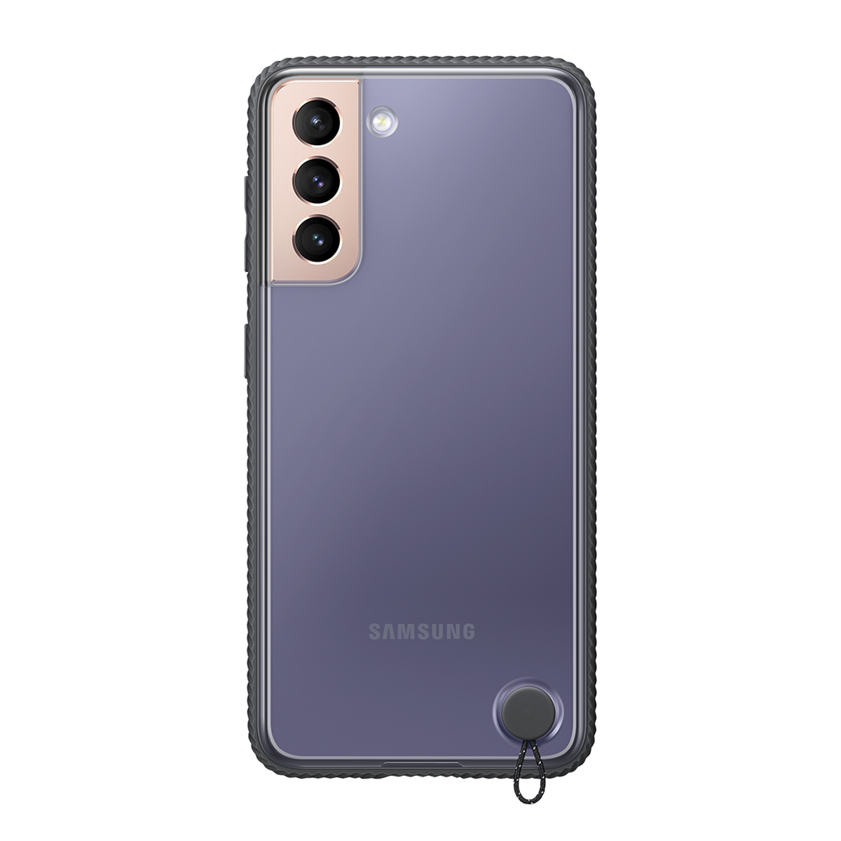 Transparante telefoonhoes met paarse achterkant, donkergrijze lanyardlus en cameralenzen.