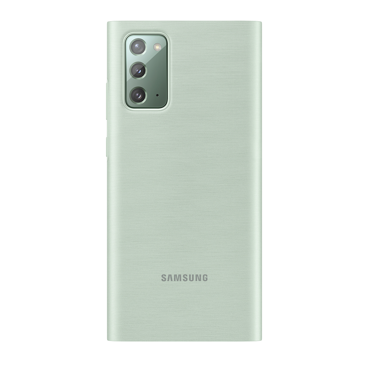 Funda verde menta con tres cámaras. Se ve la parte trasera del teléfono con el logo de Samsung.