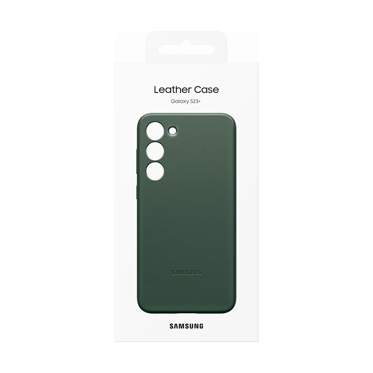 Confezione di custodia in pelle verde. La custodia copre il telefono e presenta il logo Samsung.