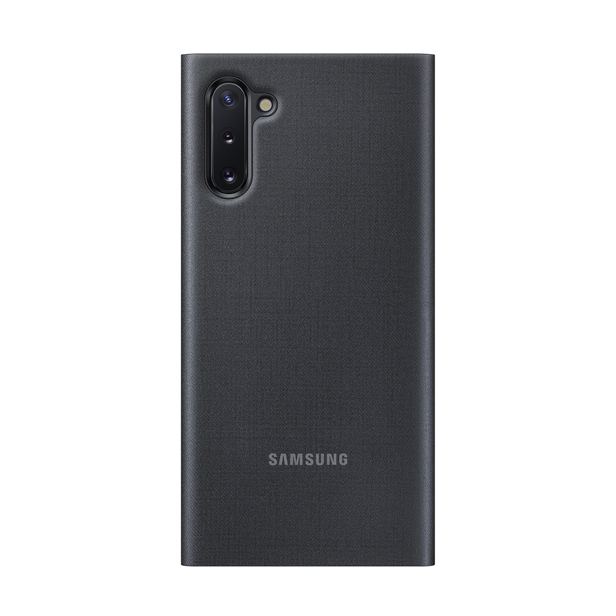 Custodia nera per telefono con logo Samsung. Il telefono è nero, con un solo obiettivo.