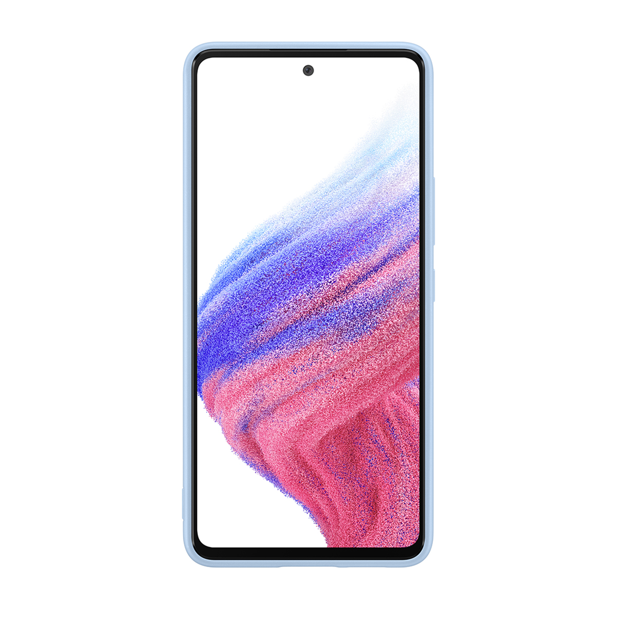 Telefono azzurro chiaro in custodia abbinata. Lo schermo mostra un design astratto colorato.