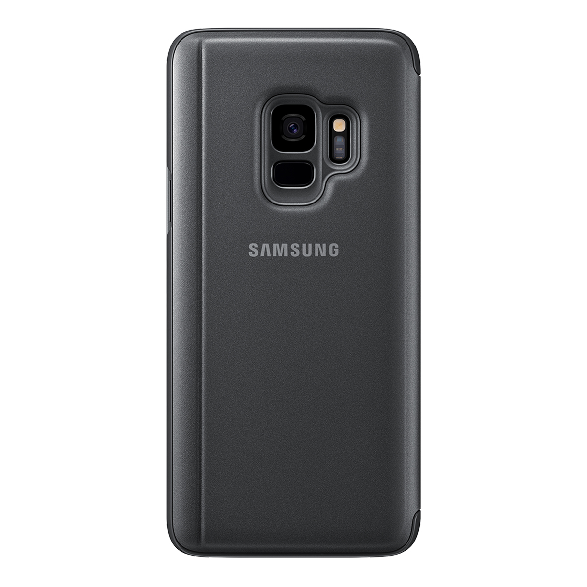 Schwarze Handyhülle mit Samsung-Logo. Das Telefon hat zwei Kameras und einen Blitz.