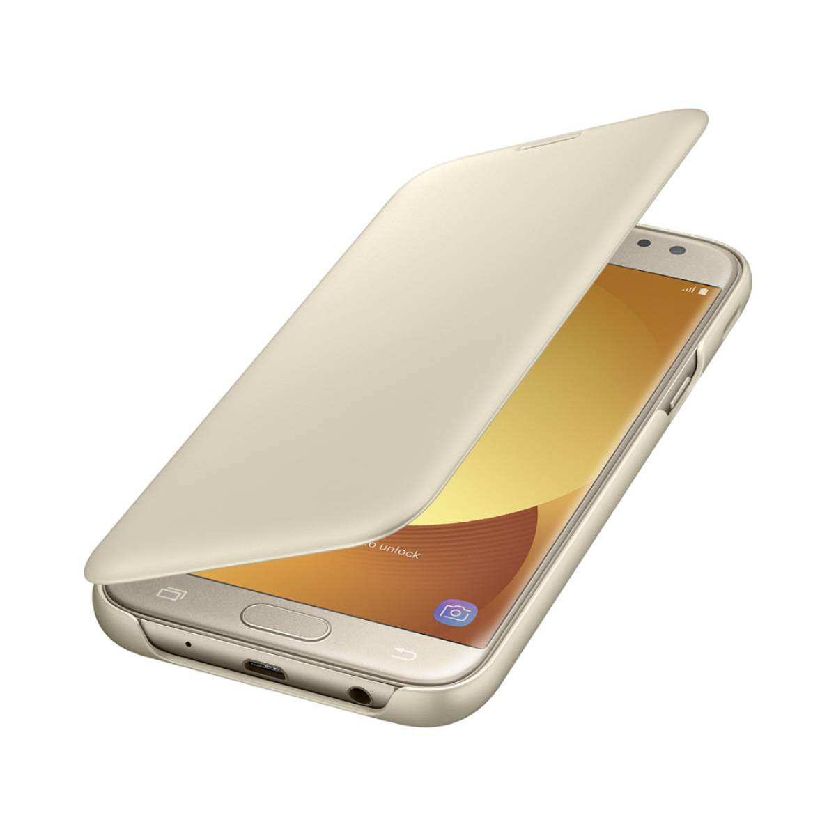 Teléfono abierto con una funda dorada. El teléfono es dorado y tiene una interfaz en la pantalla.
