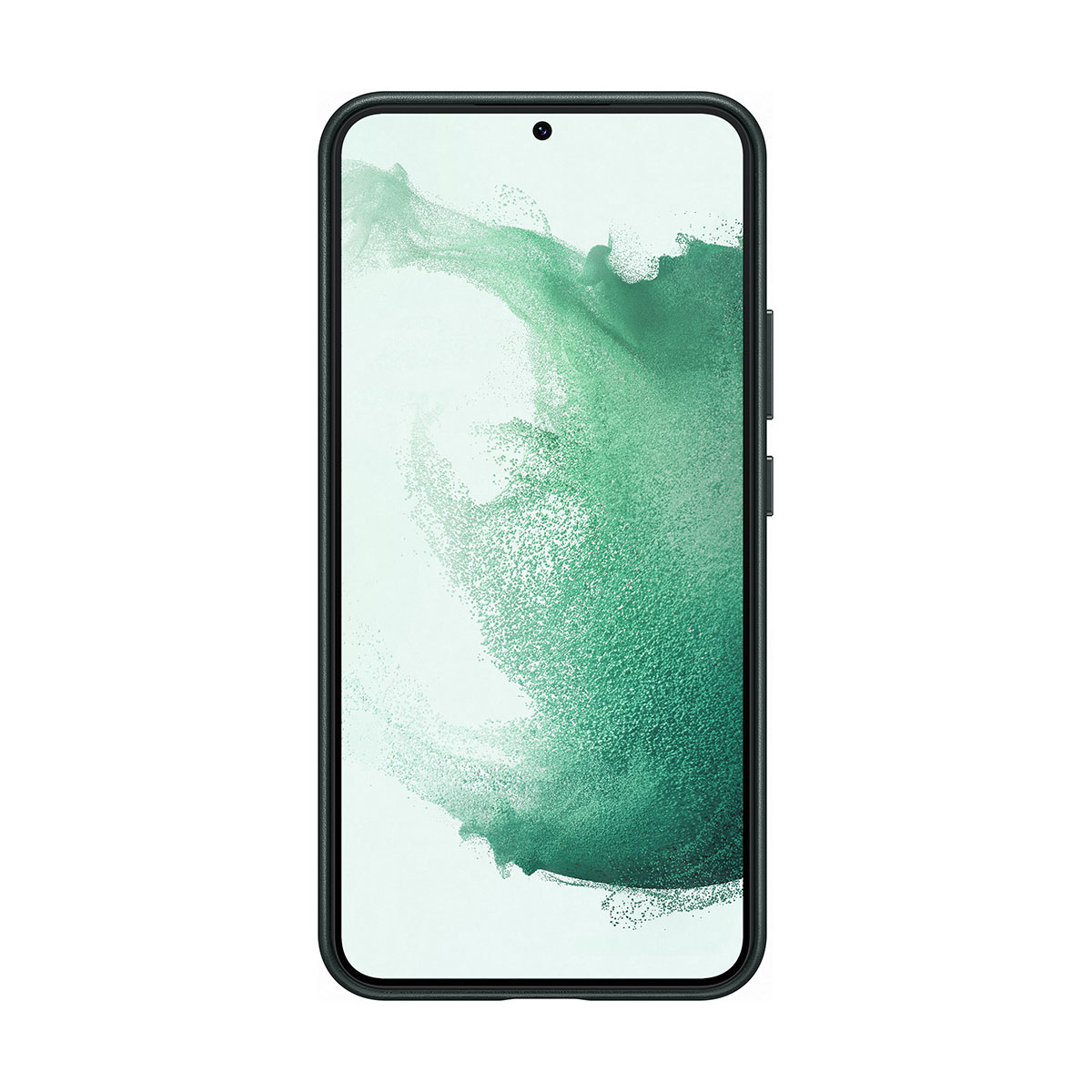 Smartphone con design verde sullo schermo. È in una cornice nera. Sfondo bianco.