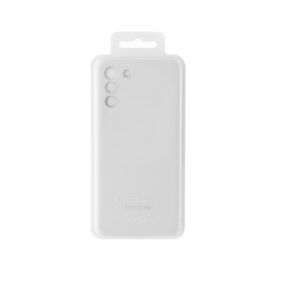 Funda de teléfono transparente blanca en embalaje. La funda tiene un agujero para la cámara.