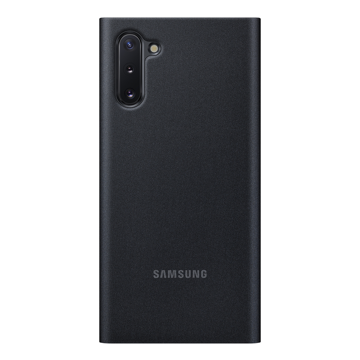 Custodia nera per telefono. Ha un foro per la fotocamera e il logo Samsung. Sfondo bianco.