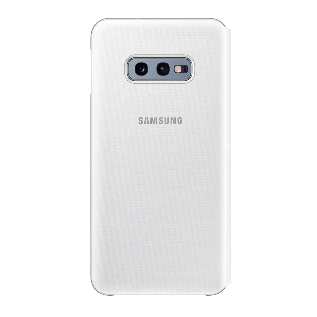 Funda blanca para teléfono con el logo de Samsung. El teléfono tiene dos cámaras y un flash.