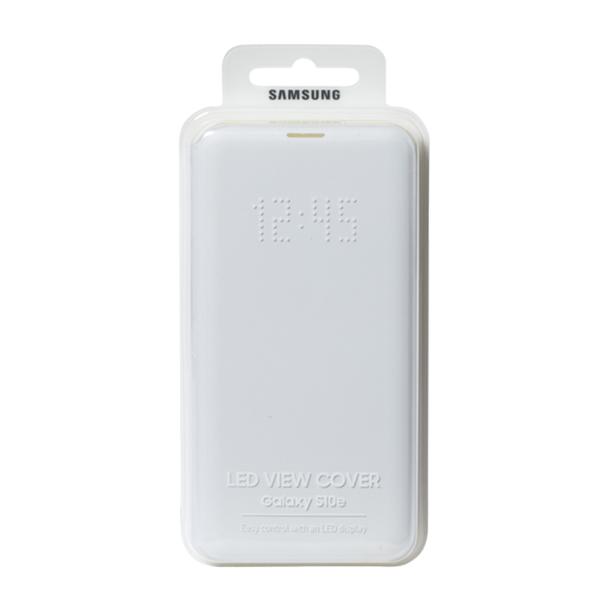 Funda blanca LED View Cover para teléfono en embalaje. Tiene una pantalla que muestra la hora y el logotipo de Samsung.