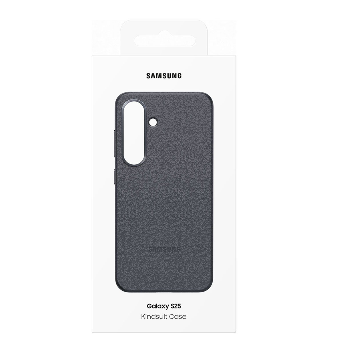 Custodia per telefono grigio scuro nella confezione. La custodia ha un foro per la fotocamera. Sfondo bianco.