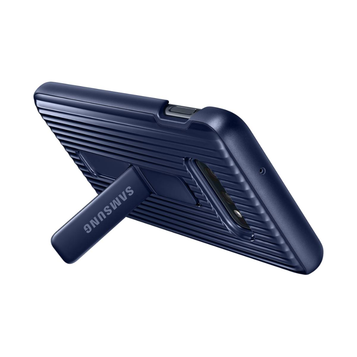 Eine marineblaue Handyhülle mit Ständer. Die Hülle ist gerippt. Der Ständer ist hochgeklappt, zeigt das Samsung-Logo.