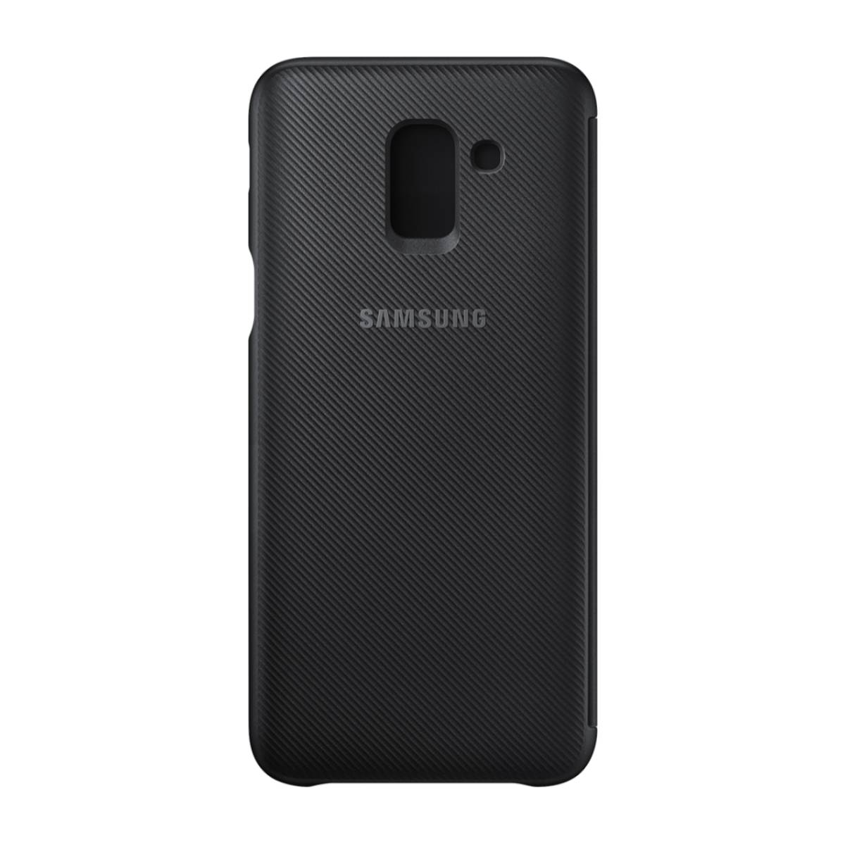 Custodia per telefono nera con motivo strutturato. Ha un'apertura per la fotocamera e il logo Samsung sul retro.