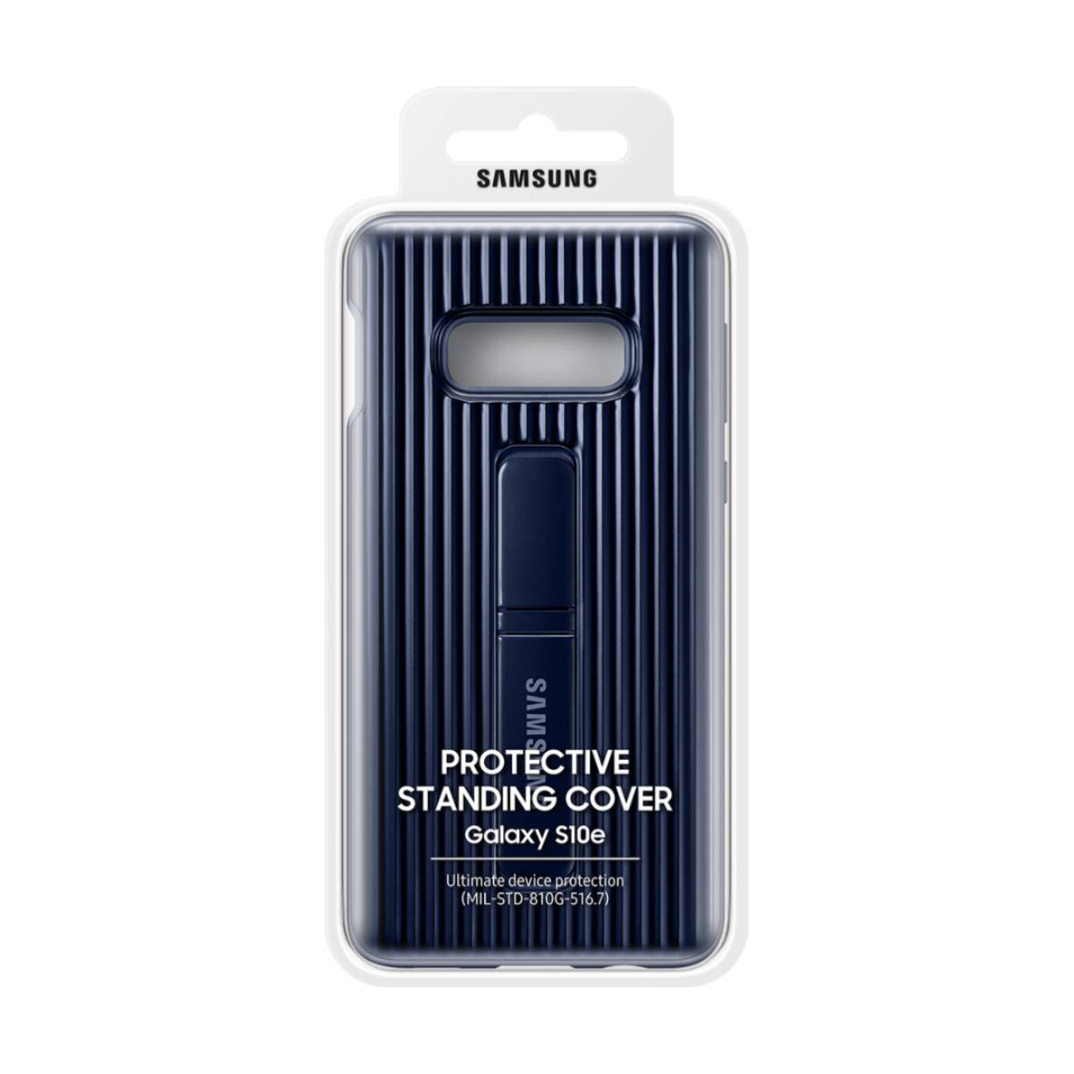 Schutzhülle mit Ständer in Verpackung. Die Hülle ist marineblau mit Ständer und Samsung-Branding.