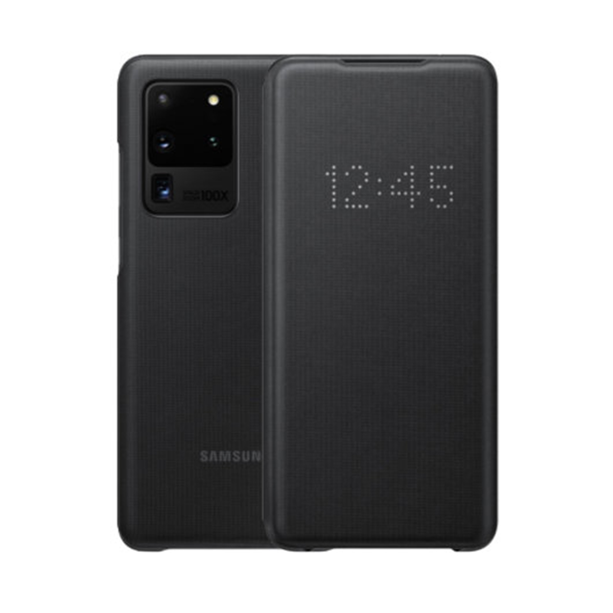 Teléfono y funda negros. El teléfono está en el lado izquierdo. La funda muestra la hora. Fondo blanco.