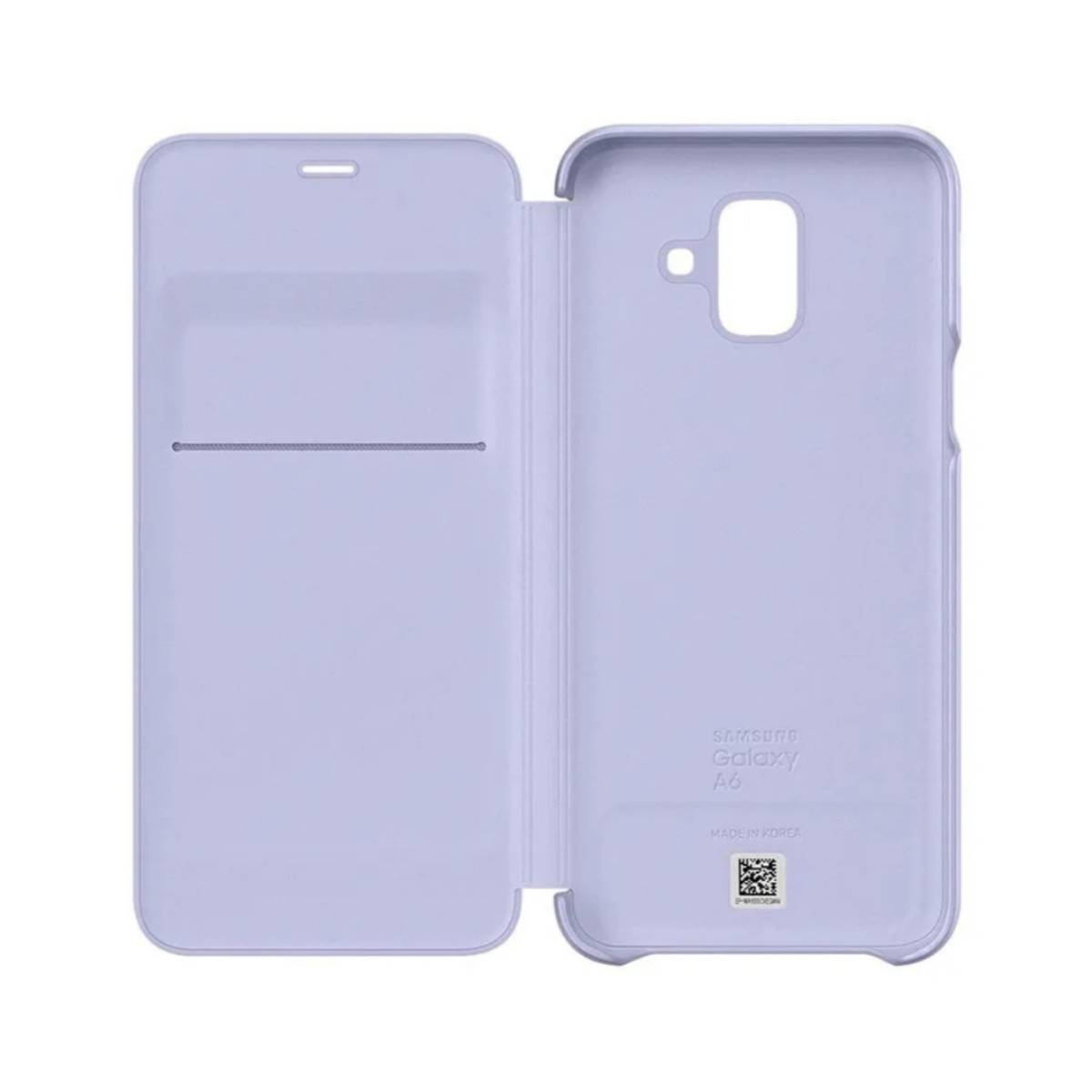 Smartphone con cover lilla chiaro aperta. All'interno si trovano un telefono e uno slot per schede. Sfondo bianco.