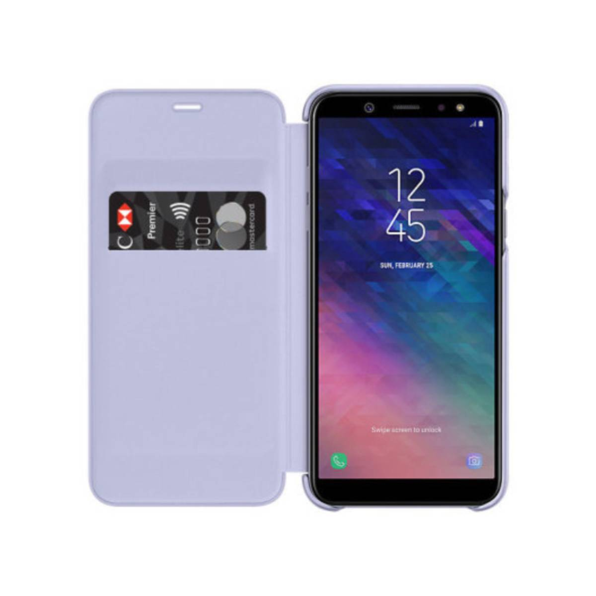 Smartphone con cover lilla chiaro aperta. Mostra una carta di credito e l'ora. Sfondo bianco.
