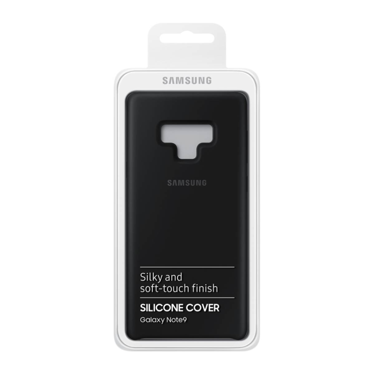 Custodia nera per telefono con confezione bianca, logo Samsung e testo.