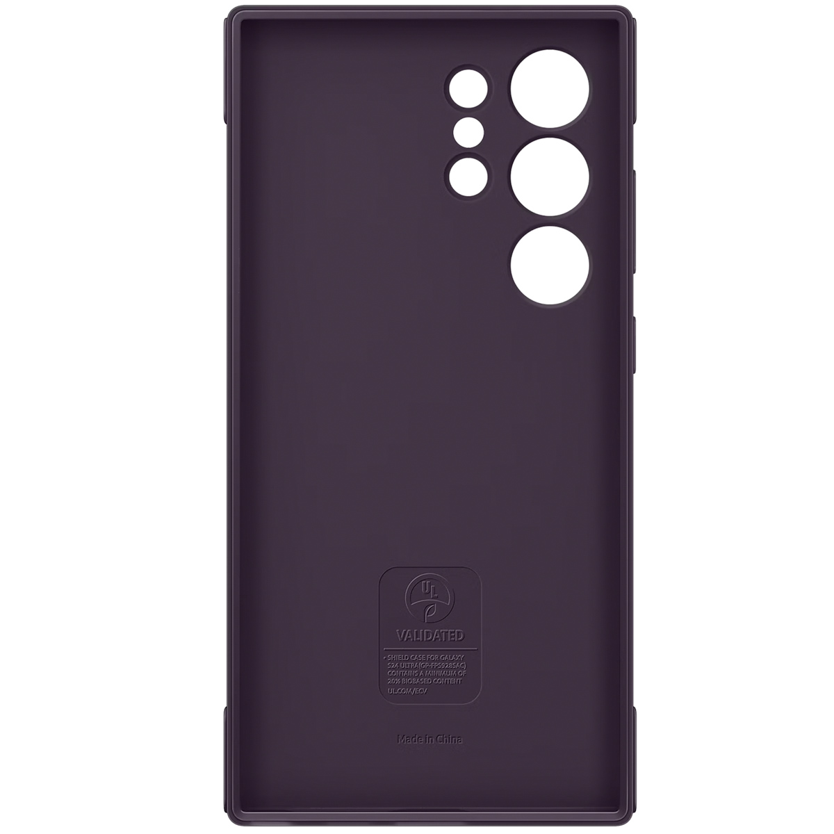 Paarse telefoonhoes met camera- en knopuitsparingen, tekst op de hoes.