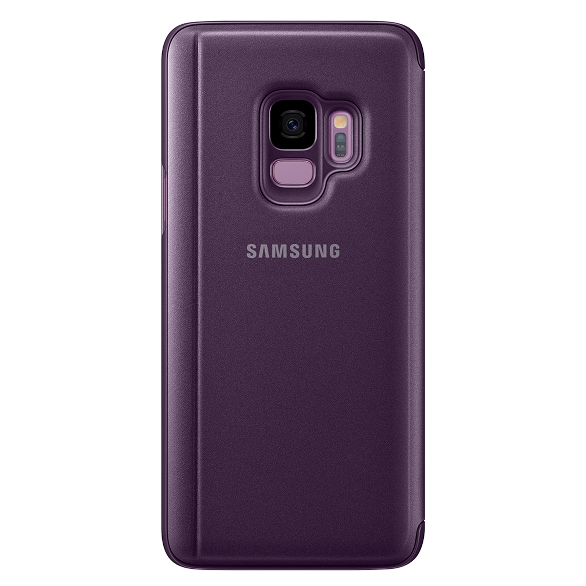 Funda morada para teléfono con cámara y logo Samsung, con el teléfono dentro.
