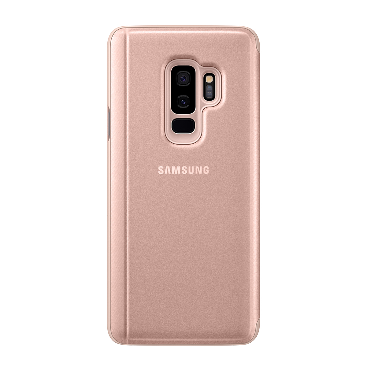 Custodia rosa per telefono con fotocamera e logo Samsung, con telefono dentro.