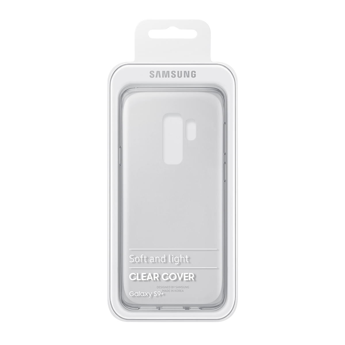 Custodia trasparente con confezione, logo Samsung e testo: Clear Cover.